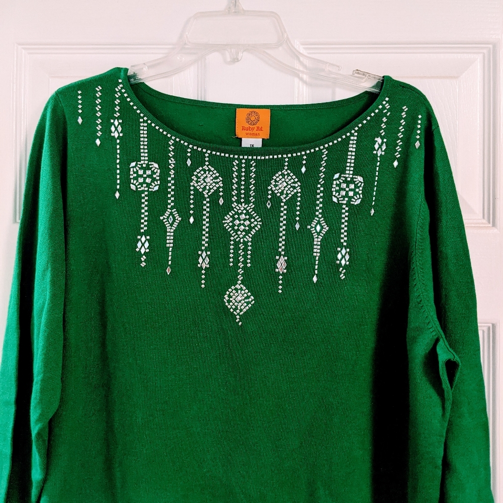 Ruby Rd. Woman Emerald Green Sweater with Silver Embellishments Bling Size 1X